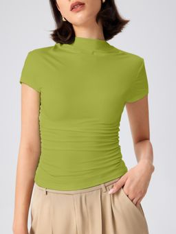 Cider - Green High Neck Ruched Short Sleeve Tee