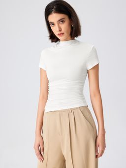 Cider - White High Neck Ruched Short Sleeve Tee
