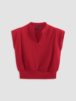 Cider - Red Mandarin Neck Solid Pleated Crop Top