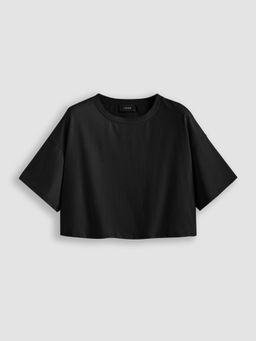 Cider - Black Curve & Plus Round Neck Oversized Crop T-Shirt