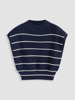 Cider - Navy Blue Curve & Plus Stripes High Neck Knit Vest Top