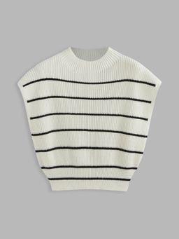 Cider - White Curve & Plus Stripes High Neck Knit Vest Top