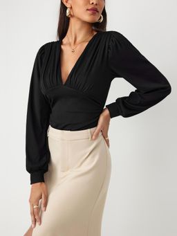 Cider - Black Jersey V Neck Solid Ruched Bodysuit