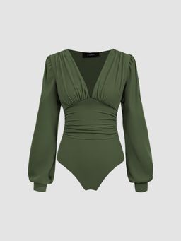 Cider - Green Jersey V Neck Solid Ruched Bodysuit
