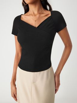 Cider - Black Jersey Sweetheart Neck Short Sleeve Top
