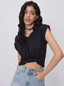 Cider - Black V Neck Solid Ruched Crop Top