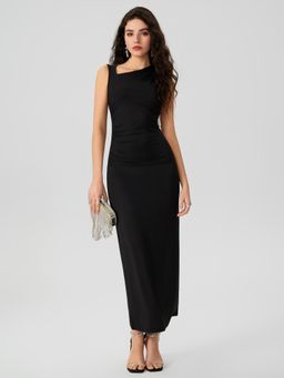 Cider - Black Asymmetrical Neck Solid Ruched Maxi Dress