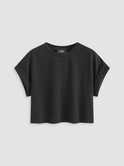Cider - Black Round Neckline Solid Short Sleeve Top