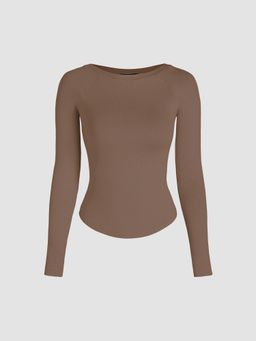 Cider - Camel Boat Neck Solid Long Sleeve Tee