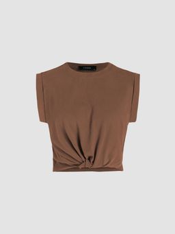 Cider - Brown Solid Round Neckline Twist Crop Top