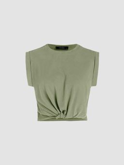 Cider - Green Solid Round Neckline Twist Crop Top