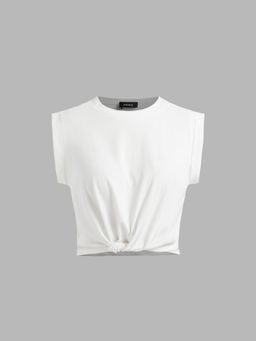 Cider - White Solid Round Neckline Twist Crop Top