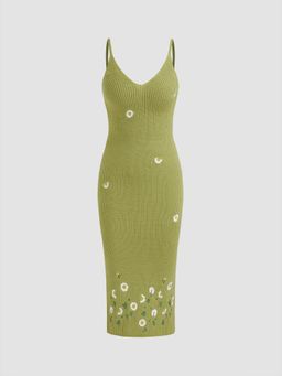 Cider - Green Knit Flower Graphic Embroidery Cami Midi Dress
