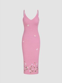 Cider - Pink Knit Flower Graphic Embroidery Cami Midi Dress