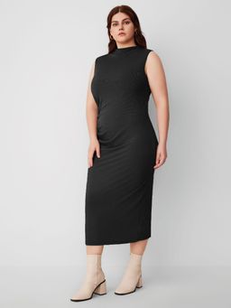 Cider - Curve & Plus Black High Neck Ruched Midi Dress