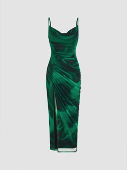 Cider - Green Mesh Cowl Neck Ruched Split Midi Dress
