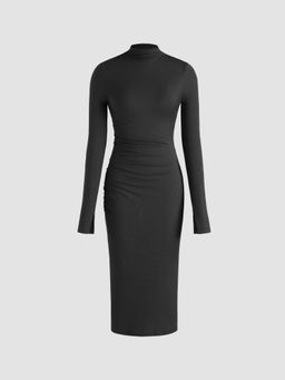 Cider - Black High Neck Solid Ruched Midi Dress