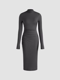 Cider - Grey High Neck Solid Ruched Midi Dress