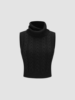 Cider - Black High Neck Textured Cable Knit Crop Vest Top