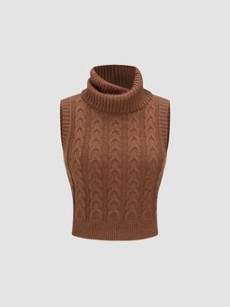 Cider - Brown High Neck Textured Cable Knit Crop Vest Top