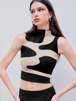 Cider - Black Knitted Zebra Stripe Sleeveless Crop Top