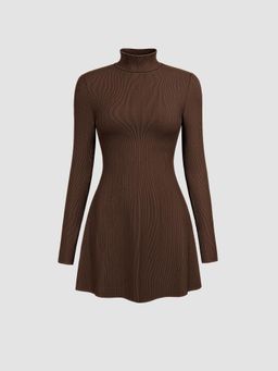 Cider - Brown High Neck Solid Mini Dress