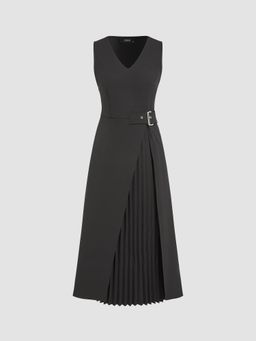 Cider - Black V-Neck Solid Split Midi Dress