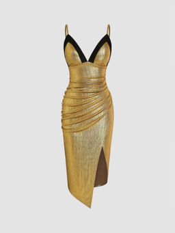 Cider - Gold Metallic Embellished Ruched Midi Dress