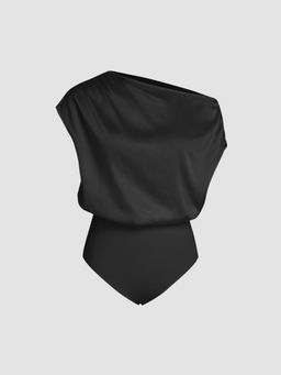 Cider - Black Satin Asymmetrical Neck Solid Ruched Bodysuit
