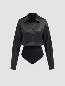 Cider - Black Satin Collar Solid Long Sleeve Blouse Bodysuit