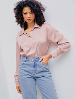 Cider - Pink Satin Collar Solid Long Sleeve Blouse Bodysuit