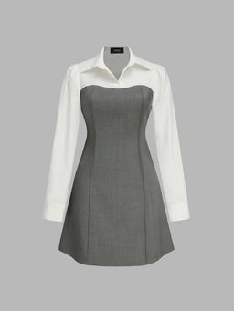 Cider - Grey Collar Coloblock Patchy Mini Shirt Dress