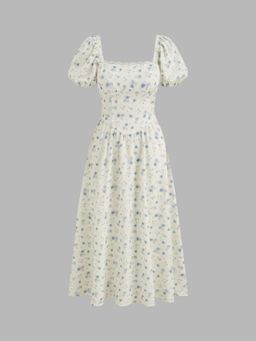 Cider - Beige Square Neck Floral Lace Up Midi Dress