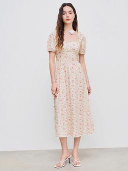 Cider - Pink Square Neck Floral Lace Up Midi Dress