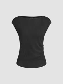 Cider - Black Boat Neck Solid Ruched Cap Sleeve Top