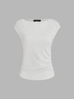 Cider - White Boat Neck Solid Ruched Cap Sleeve Top