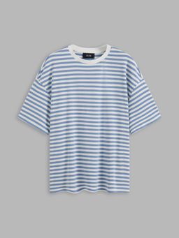 Cider - Blue Cotton Blend Round Neck Striped Oversized Short Sleeve Tee