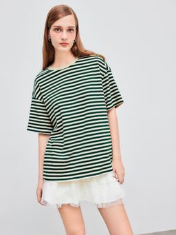 Cider - Green Cotton Blend Round Neck Striped Oversized Short Sleeve Tee