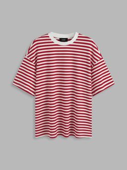 Cider - Red Cotton Blend Round Neck Striped Oversized Short Sleeve Tee