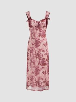 Cider - Pink Mesh Sweetheart Neck Floral Bowknot Midi Dress