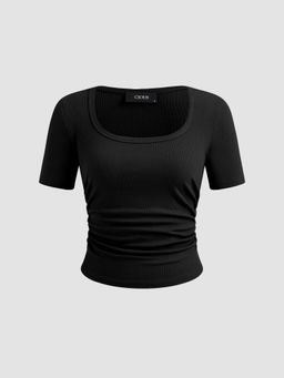 Cider - Black Square Neck Ruched Short Sleeve Tee
