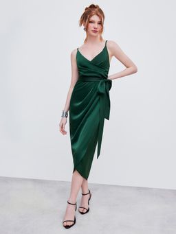 Cider - Green Satin Wrap Knotted Maxi Dress