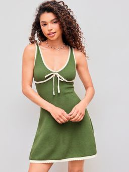 Cider - Knitted V-Neck Woven Contrasting Binding Knotted Mini Dress
