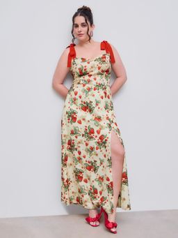 Cider - Curve & Plus Beige Printed Knotted Split Midi Dress