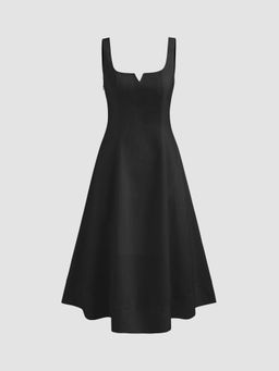 Cider - Black Linen Blend Square Neck Solid Shirred Midi Dress