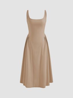 Cider - Khaki Woven Square Neck Solid Midi Dress
