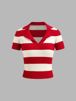 Cider - Red Knit Polo Stripes Short Sleeve Top