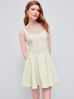 Cider - Ivory Woven Square Neck Ruffle Hem Mini Dress