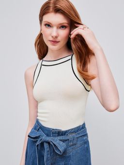 Cider - White Knit Boat Neck Solid Contrasting Binding Tank Top