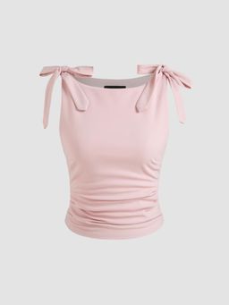 Cider - Pink Jersey Boat Neck Solid Bowknot Ruched Crop Top
